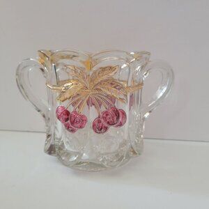 Vintage Mosser Clear Glass Sugar Bowl With Gold Trim & Pink Cherry Design